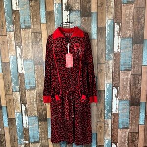 Dinar velour Red and Black daisty embroidered Print Robe vintage